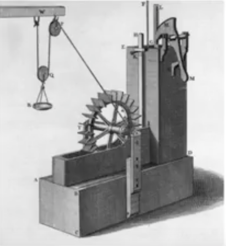 Drawing in greyscale of a waterwheel.
